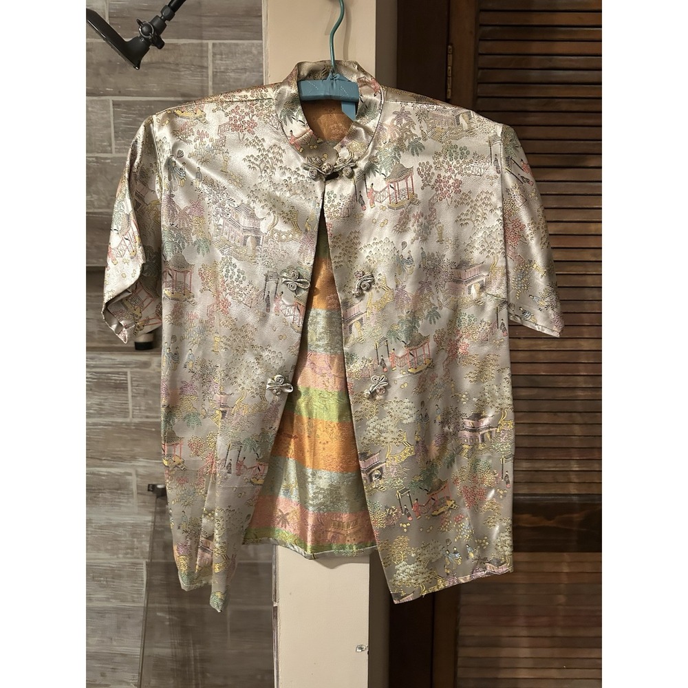 Vintage 60s Japanese  Rayon Shirt Brocade Kimono Scenery Sz 36